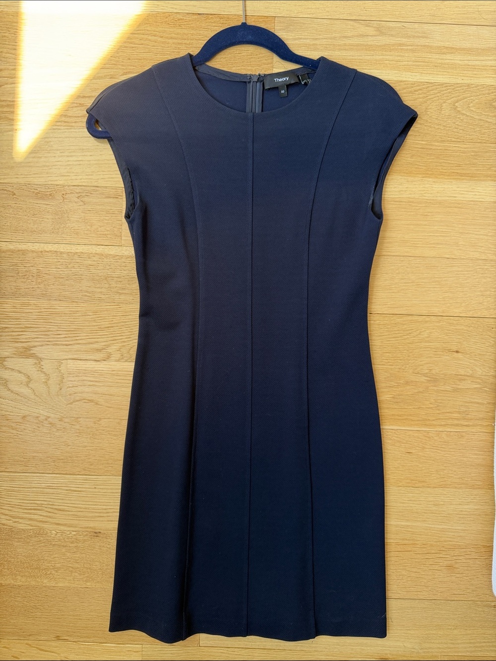 Theory Oxford Knit Navy Cap-Sleeve Midi Sheath Dress